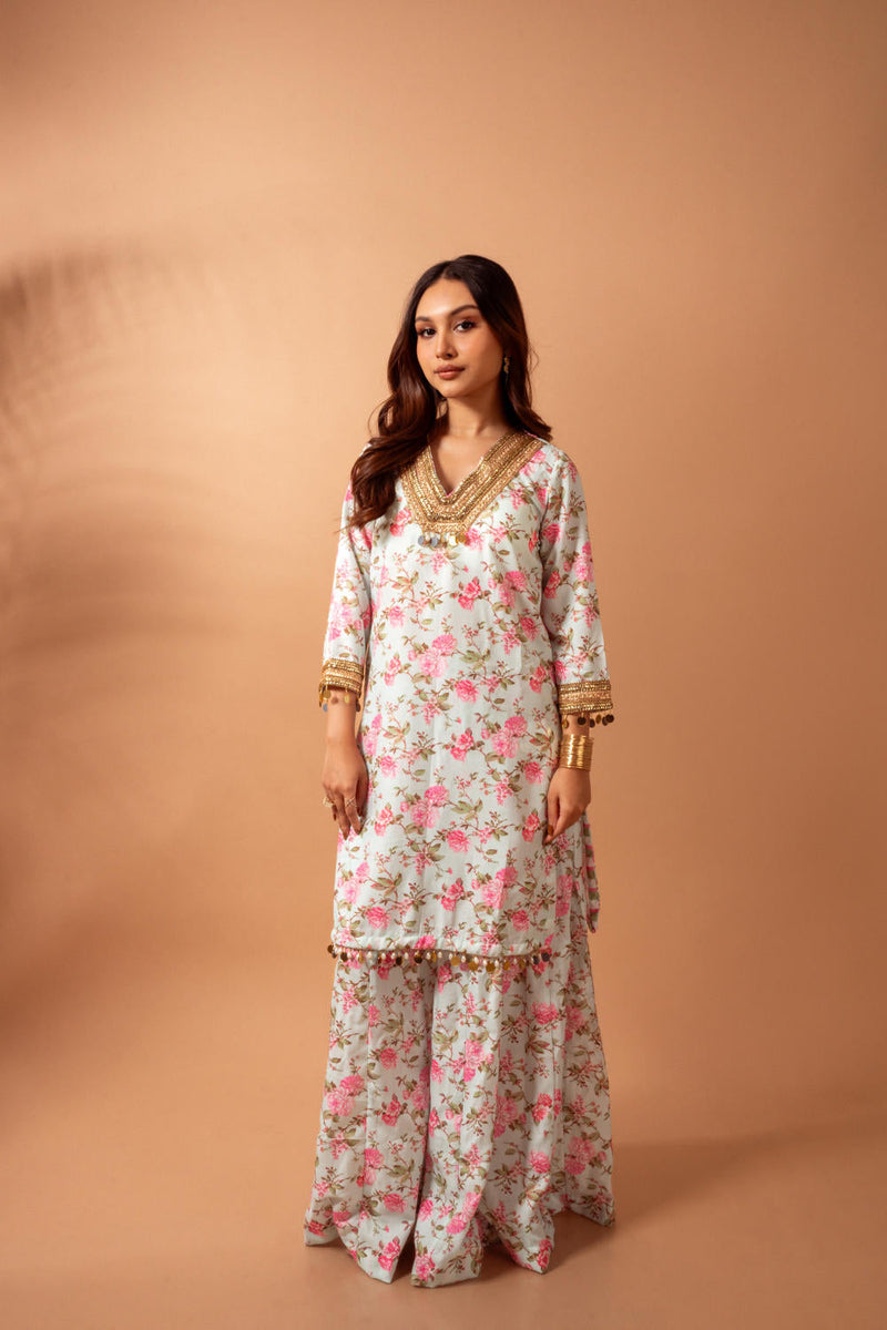 Linen digital print kali sharara set-Aqua agreen linen by Maison Shefali for women Worldwide