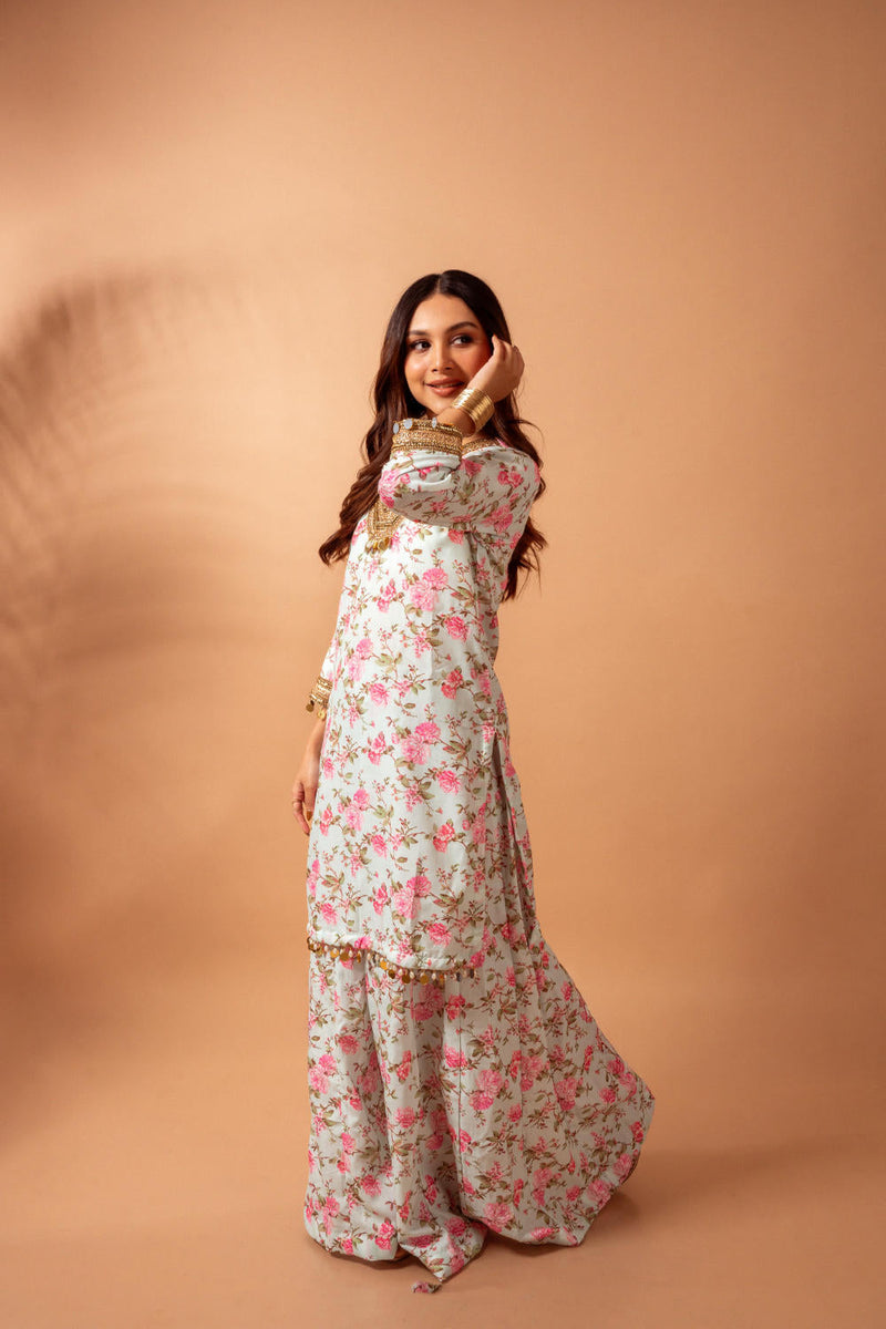 Linen digital print kali sharara set-Aqua agreen linen by Maison Shefali for women Worldwide