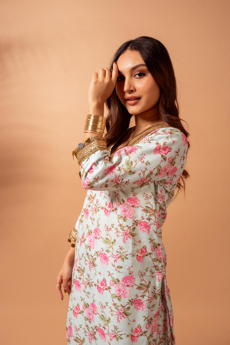 Linen digital print kali sharara set-Aqua agreen linen by Maison Shefali for women Worldwide