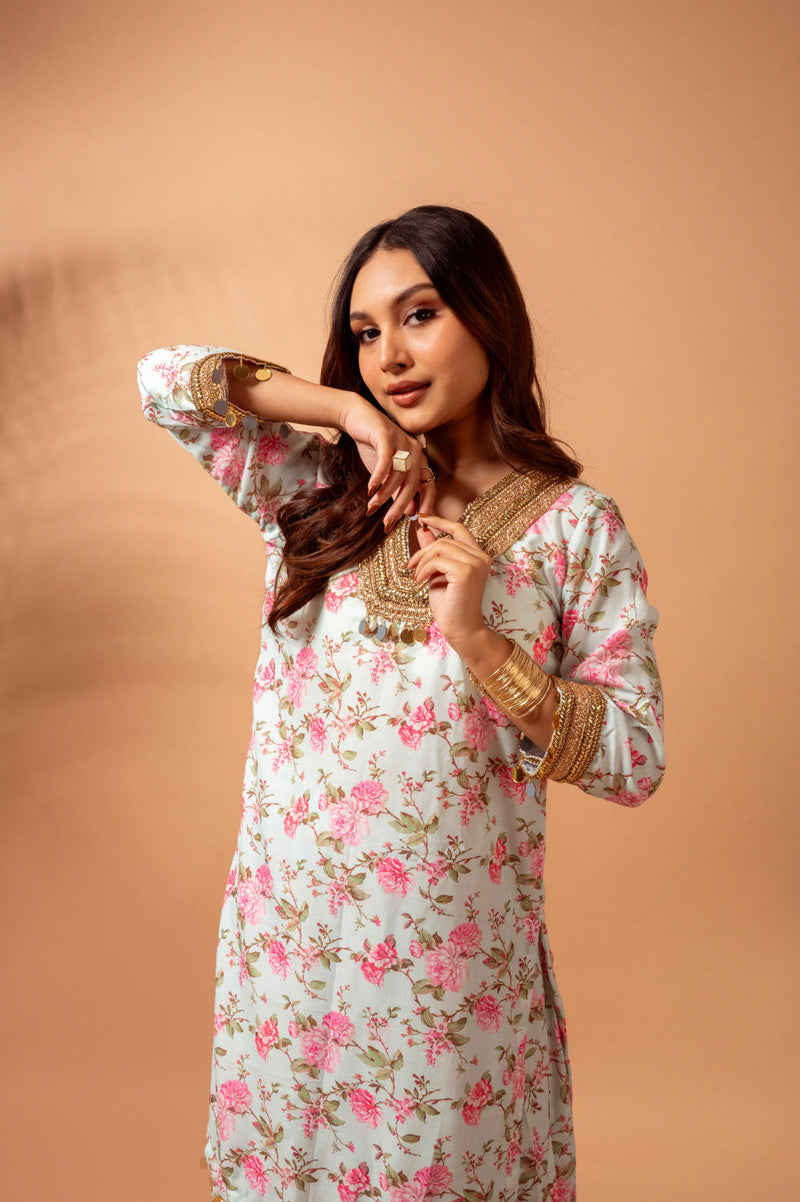 Linen digital print kali sharara set-Aqua agreen linen by Maison Shefali for women Worldwide