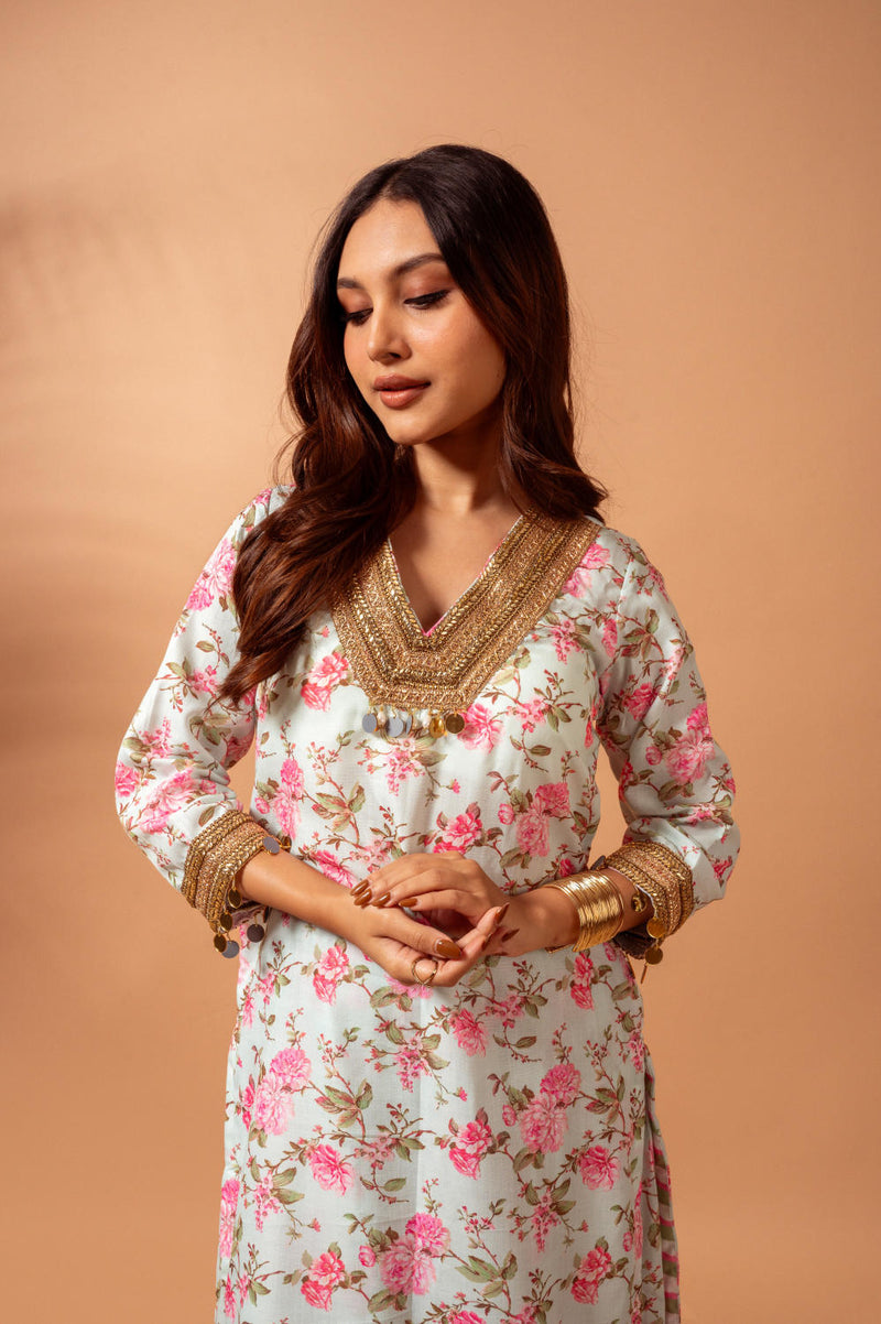 Linen digital print kali sharara set-Aqua agreen linen by Maison Shefali for women Worldwide