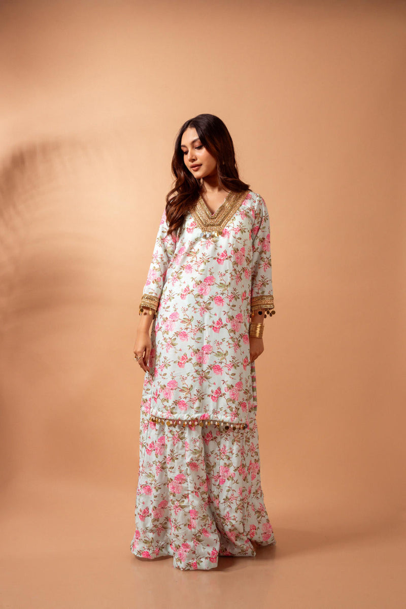 Linen digital print kali sharara set-Aqua agreen linen by Maison Shefali for women Worldwide