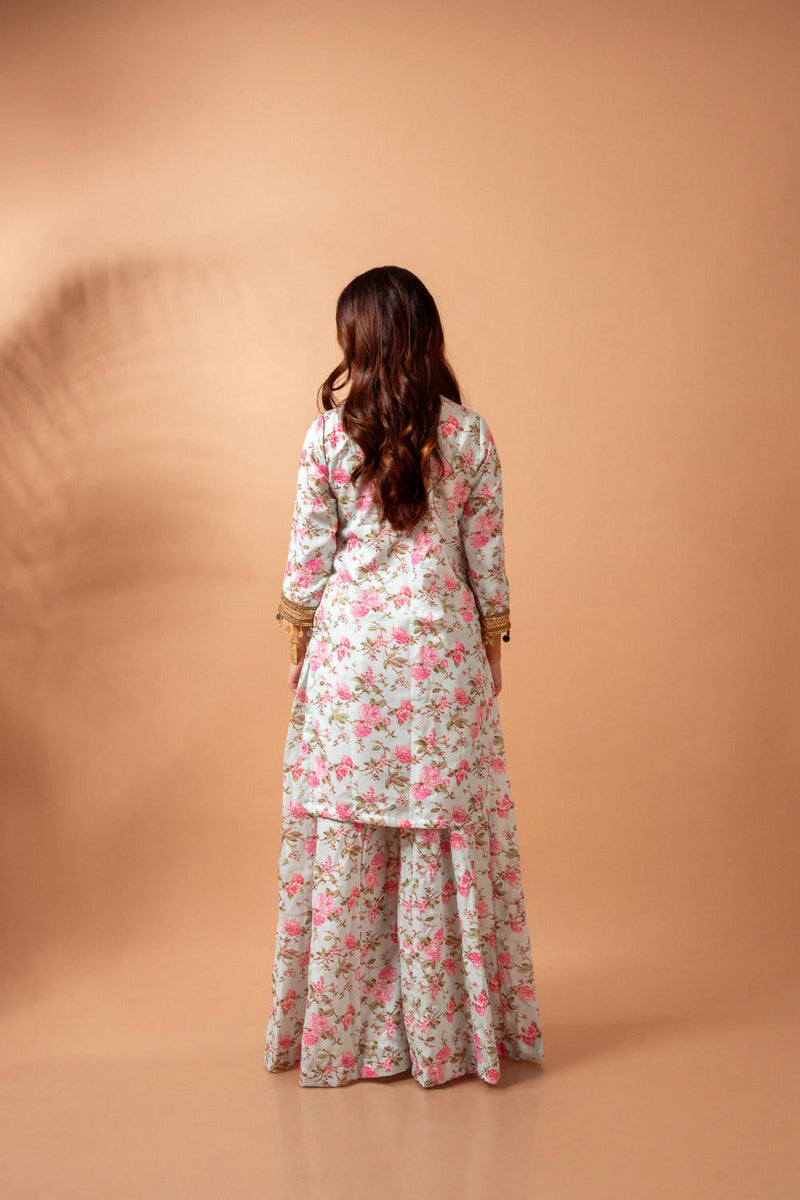 Linen digital print kali sharara set-Aqua agreen linen by Maison Shefali for women Worldwide