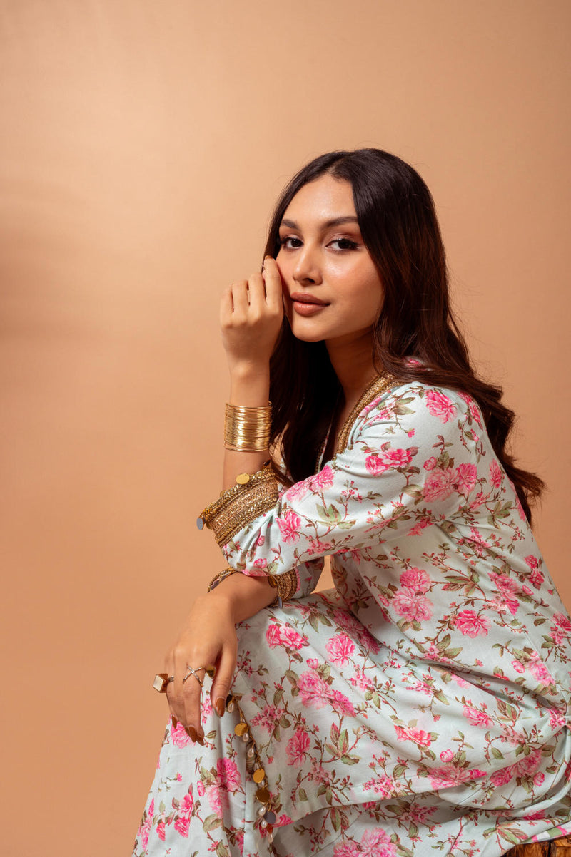 Linen digital print kali sharara set-Aqua agreen linen by Maison Shefali for women Worldwide