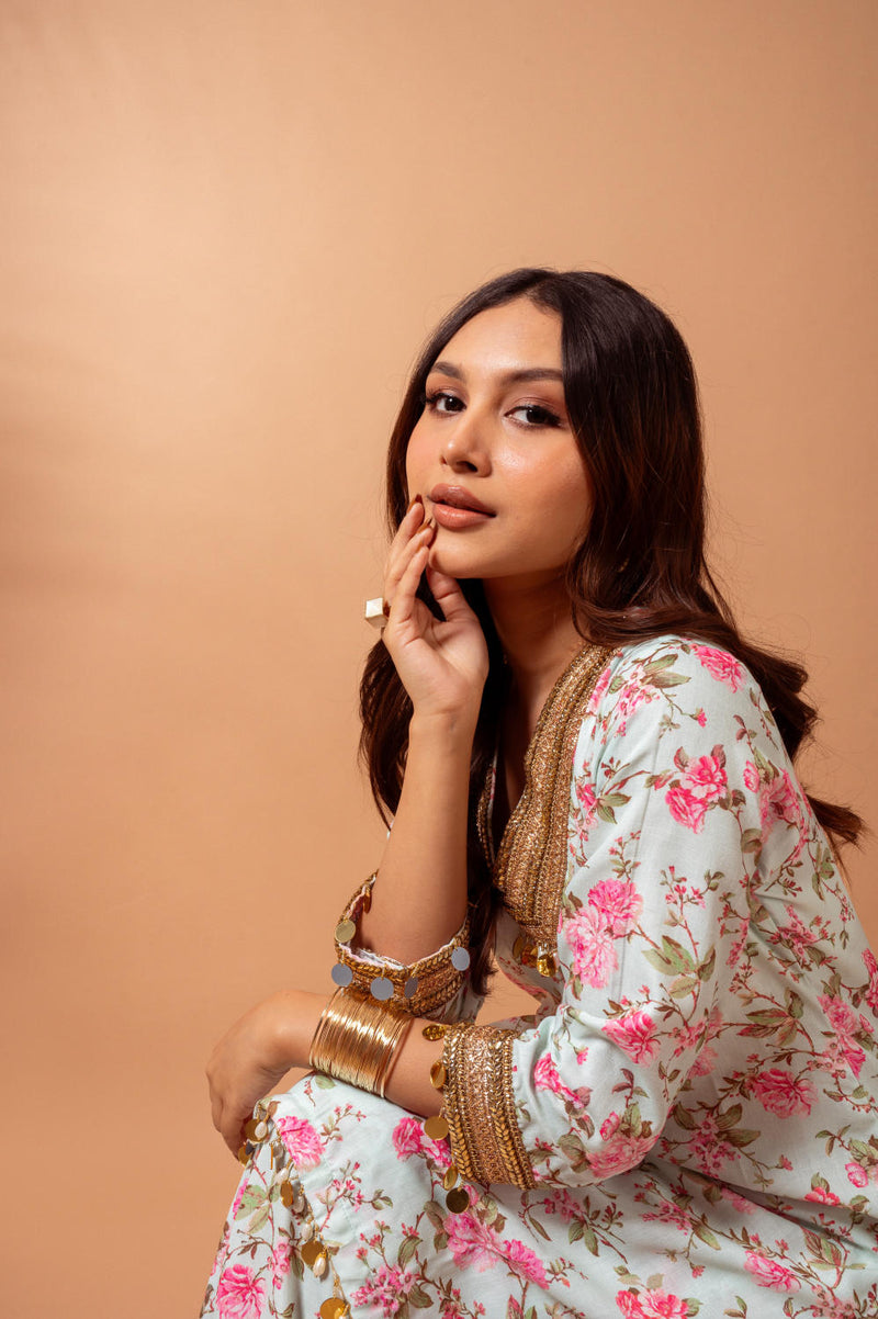 Linen digital print kali sharara set-Aqua agreen linen by Maison Shefali for women Worldwide