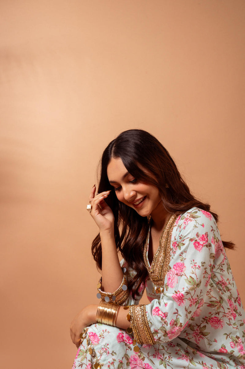 Linen digital print kali sharara set-Aqua agreen linen by Maison Shefali for women Worldwide