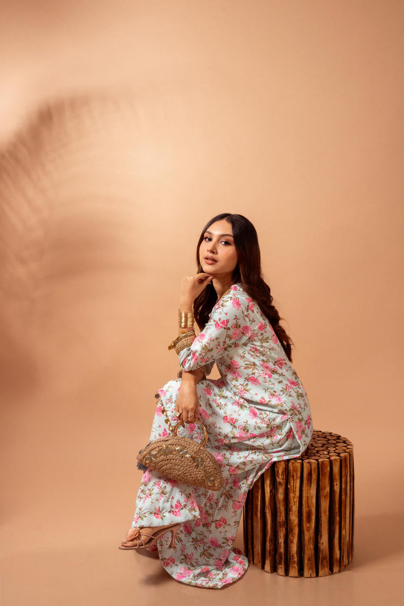 Linen digital print kali sharara set-Aqua agreen linen by Maison Shefali for women Worldwide