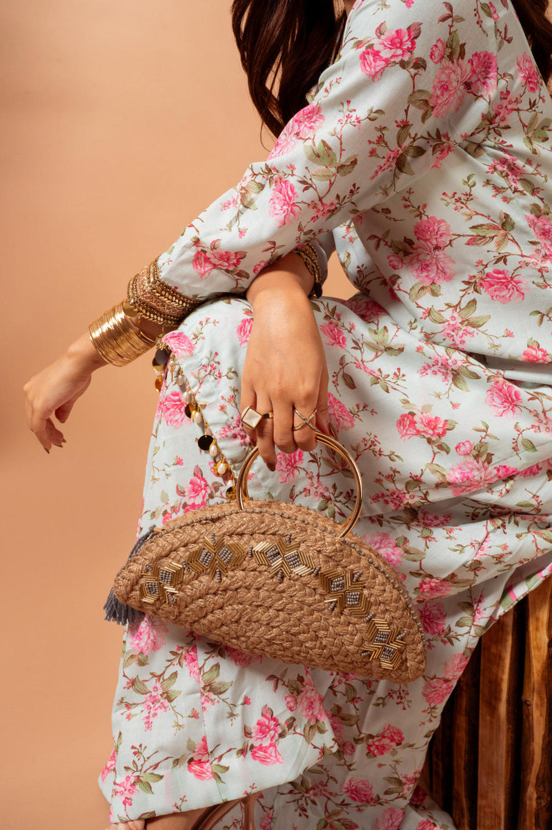 Linen digital print kali sharara set-Aqua agreen linen by Maison Shefali for women Worldwide