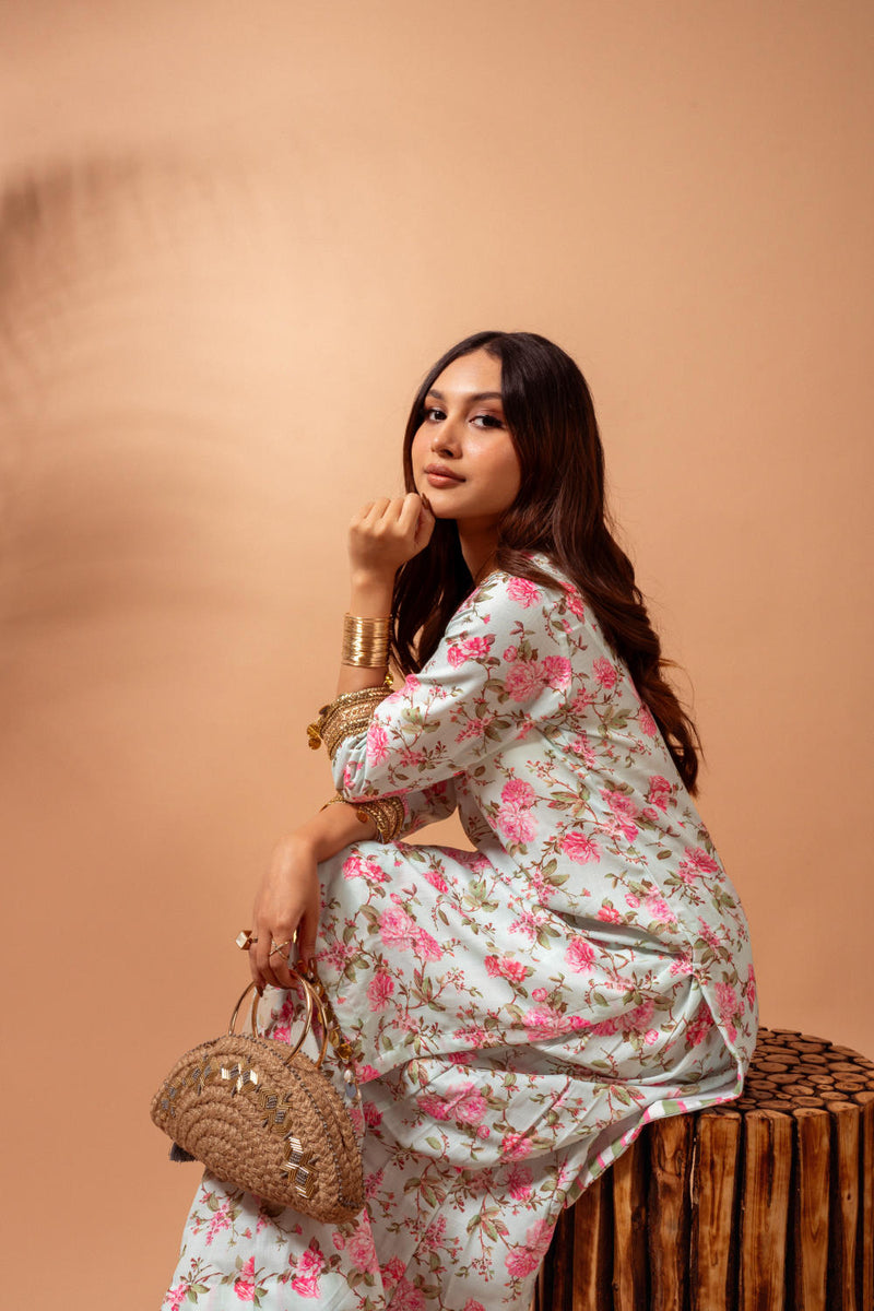 Linen digital print kali sharara set-Aqua agreen linen by Maison Shefali for women Worldwide