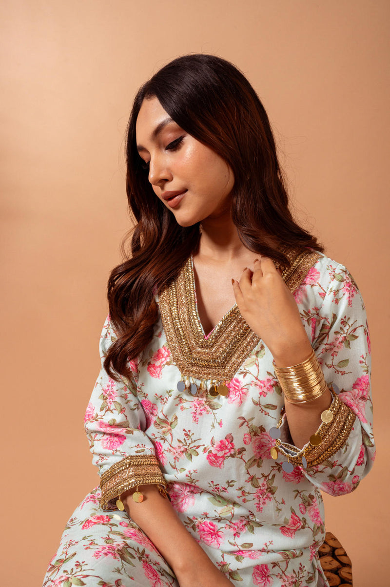 Linen digital print kali sharara set-Aqua agreen linen by Maison Shefali for women Worldwide