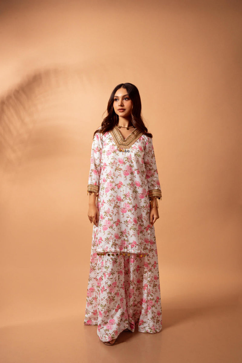 Linen digital print white kali sharara set linen by Maison Shefali for women Worldwide
