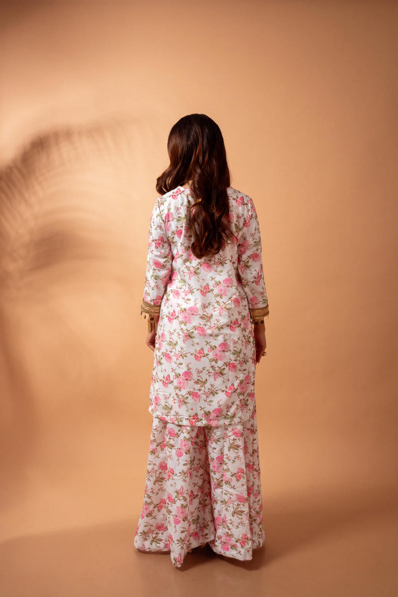 Linen digital print white kali sharara set linen by Maison Shefali for women Worldwide