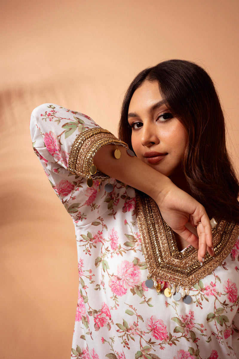 Linen digital print white kali sharara set linen by Maison Shefali for women Worldwide