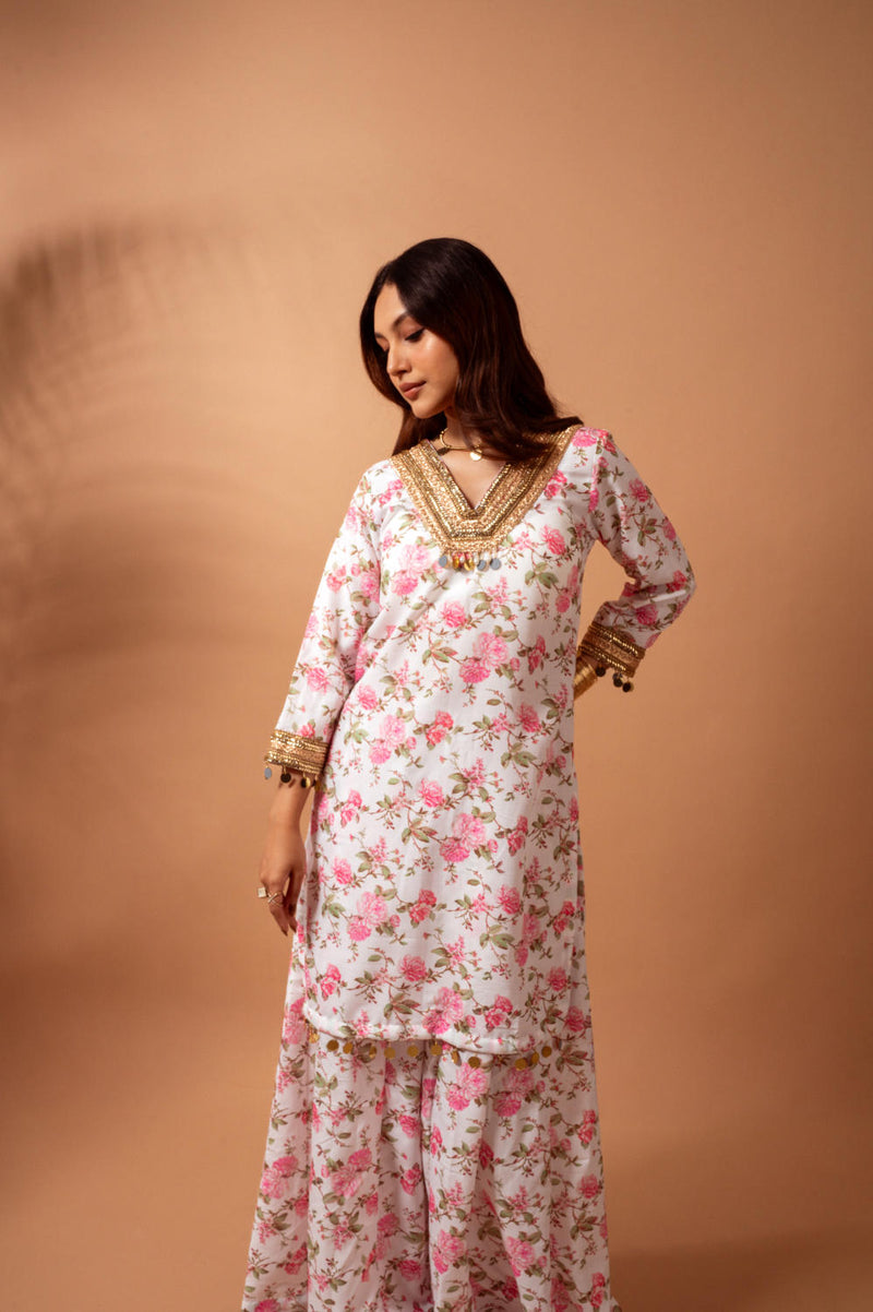 Linen digital print white kali sharara set linen by Maison Shefali for women Worldwide