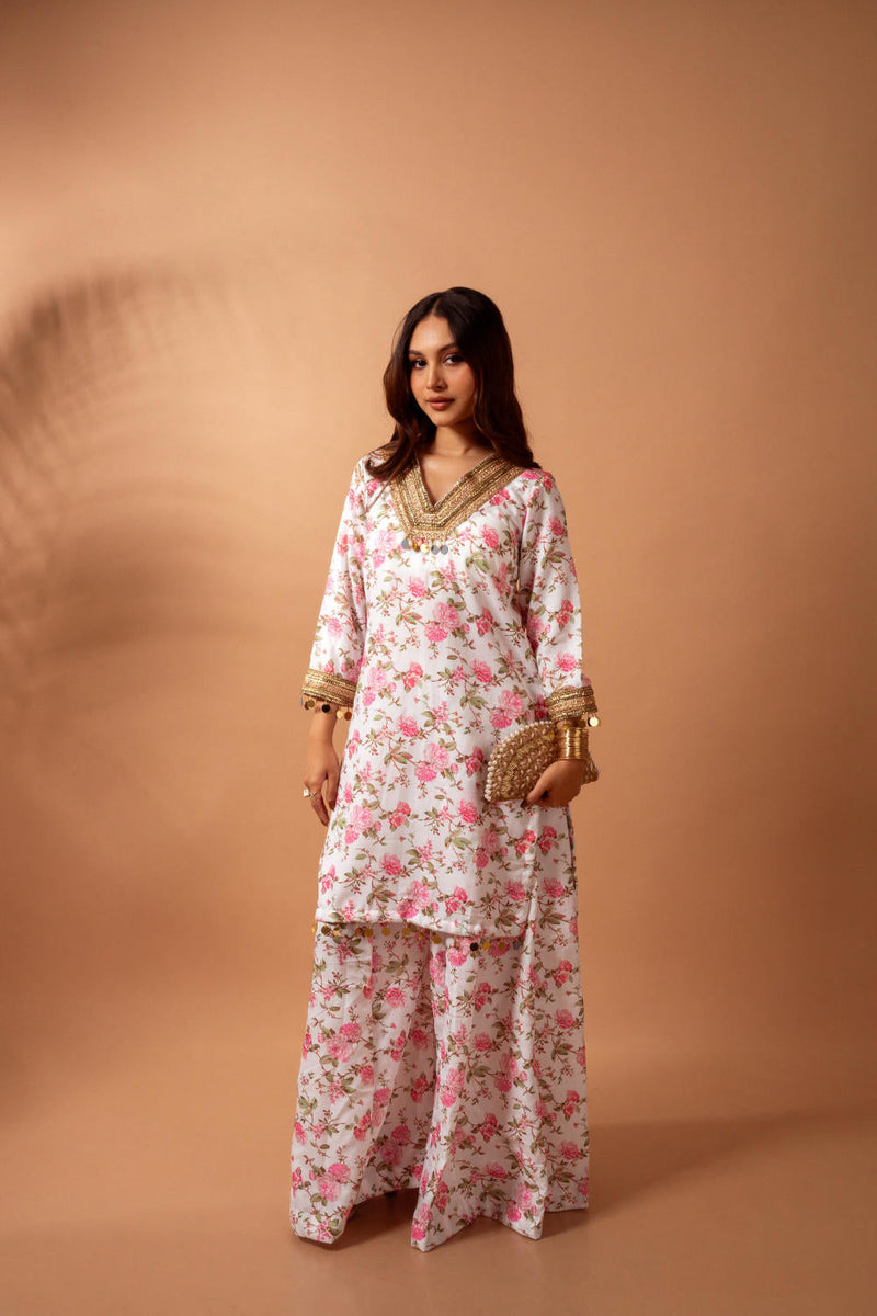 Linen digital print white kali sharara set linen by Maison Shefali for women Worldwide