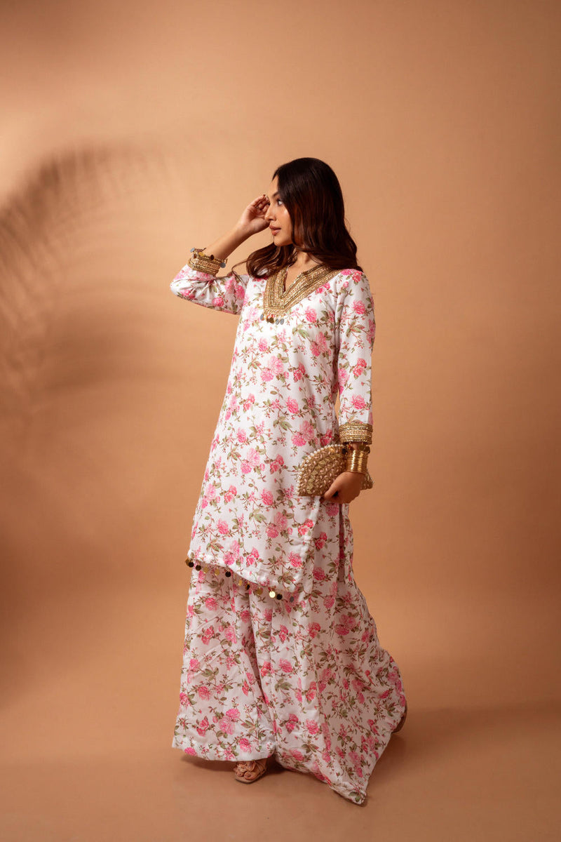 Linen digital print white kali sharara set linen by Maison Shefali for women Worldwide