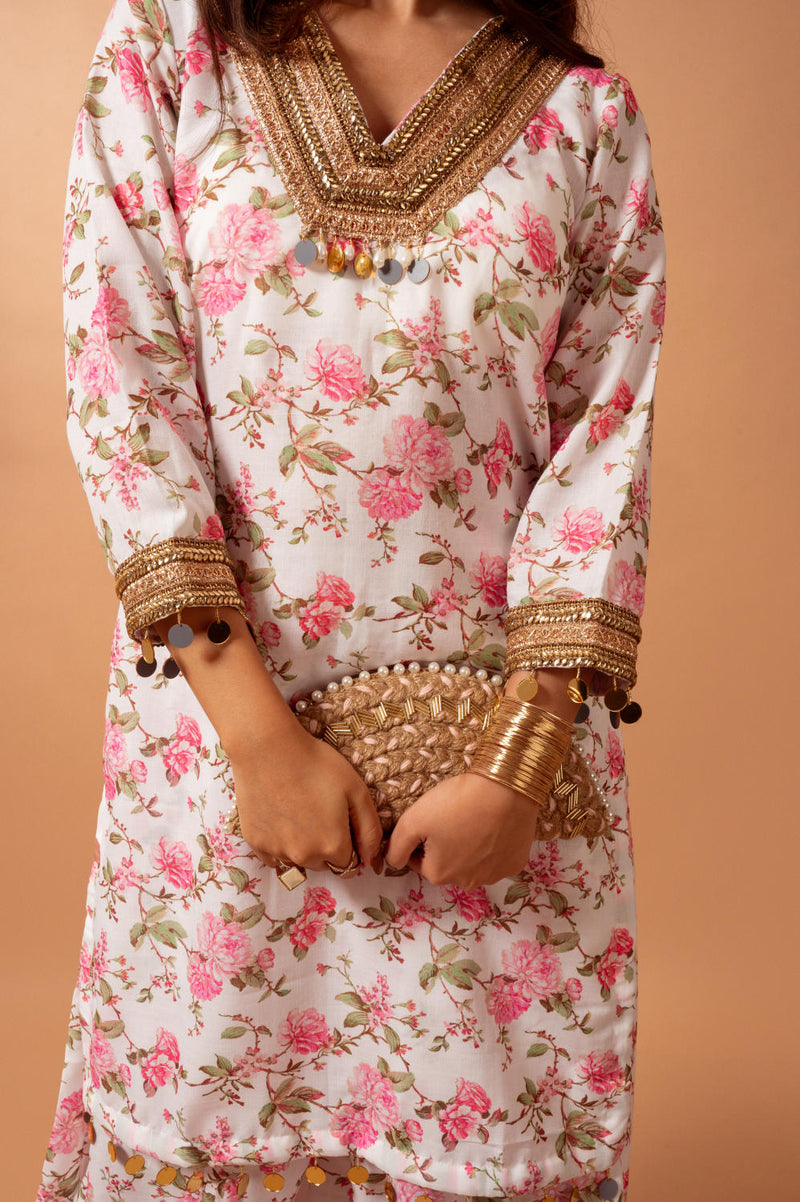 Linen digital print white kali sharara set linen by Maison Shefali for women Worldwide