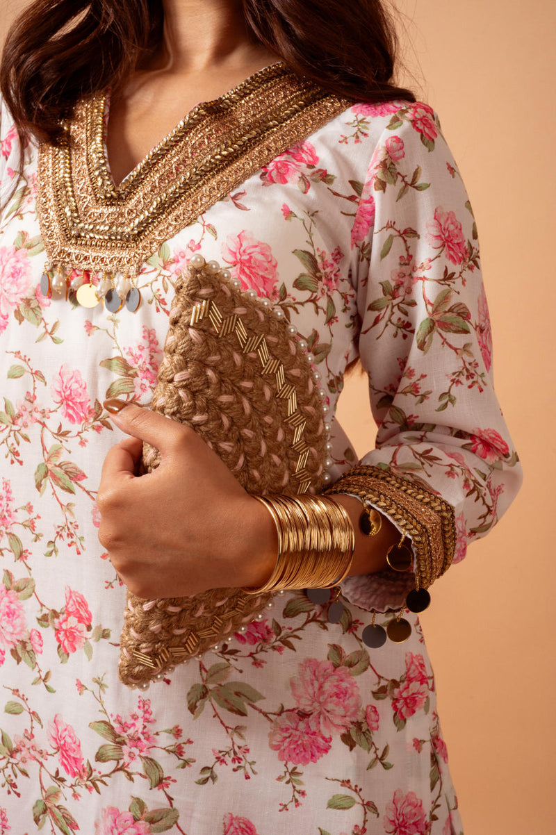 Linen digital print white kali sharara set linen by Maison Shefali for women Worldwide