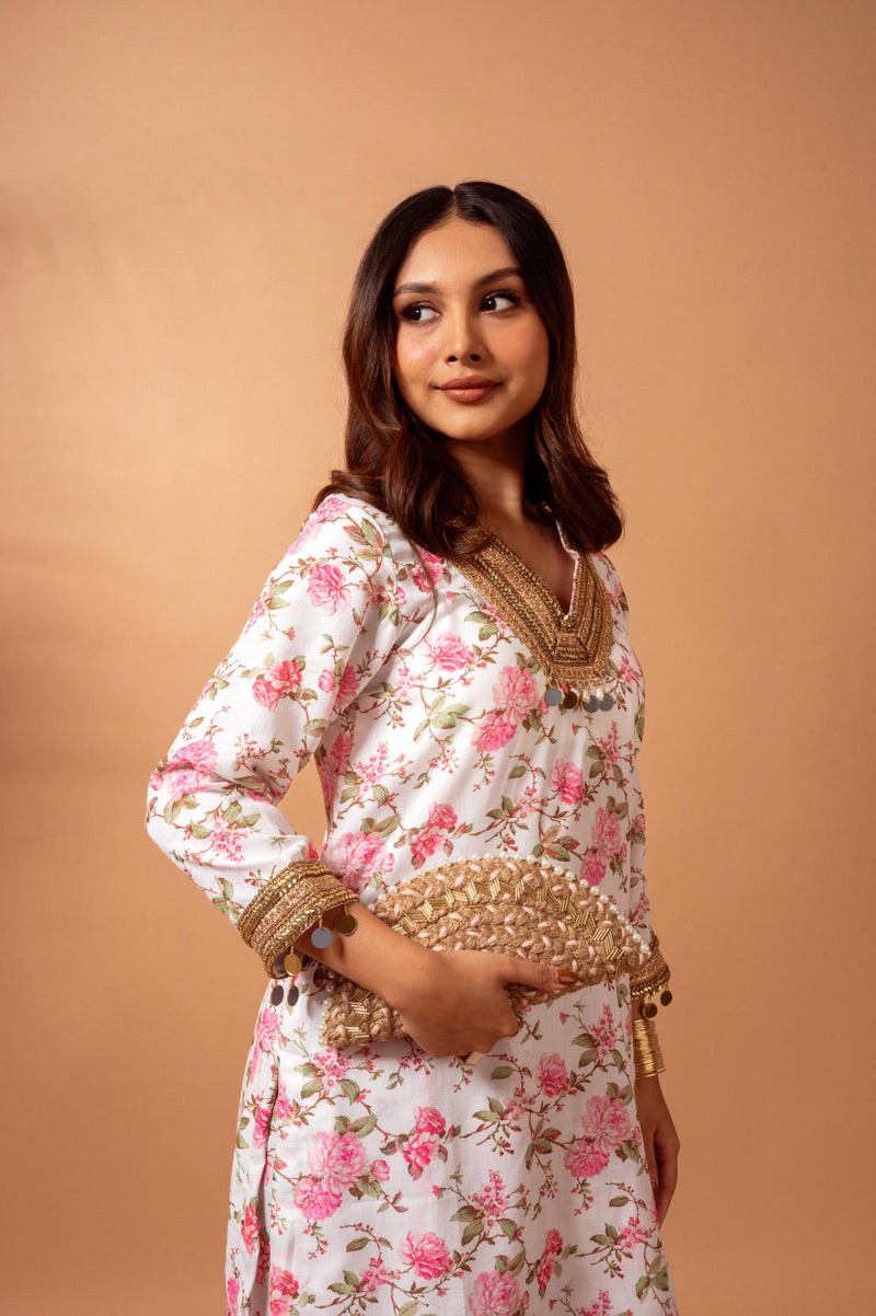 Linen digital print white kali sharara set linen by Maison Shefali for women Worldwide
