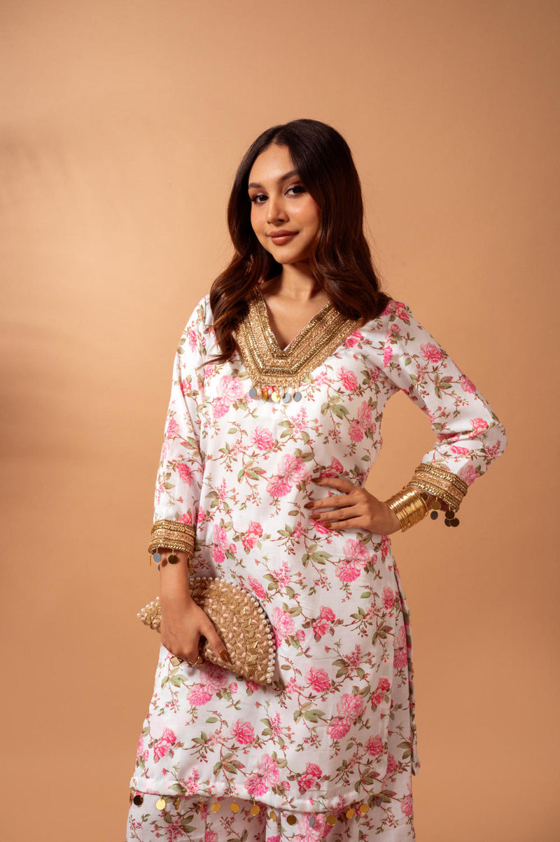 Linen digital print white kali sharara set linen by Maison Shefali for women Worldwide