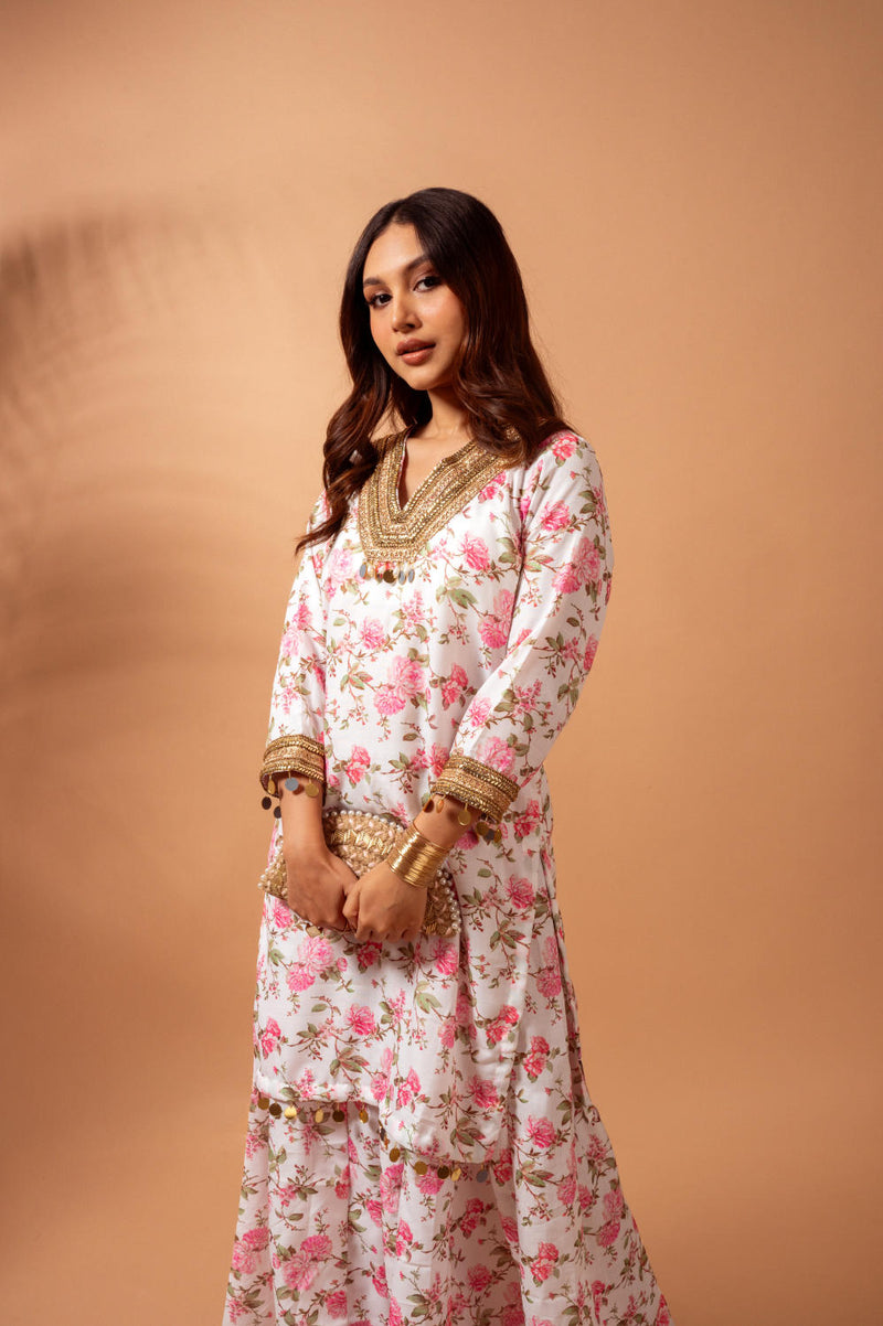 Linen digital print white kali sharara set linen by Maison Shefali for women Worldwide