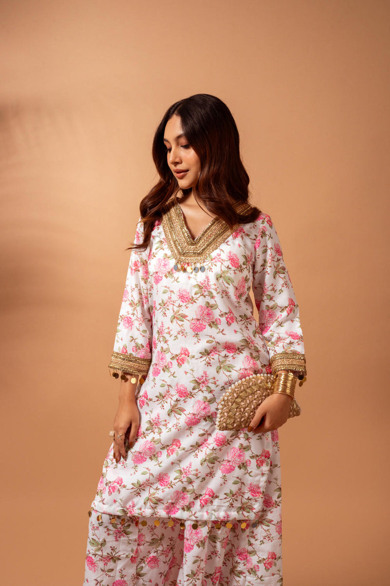 Linen digital print white kali sharara set linen by Maison Shefali for women Worldwide