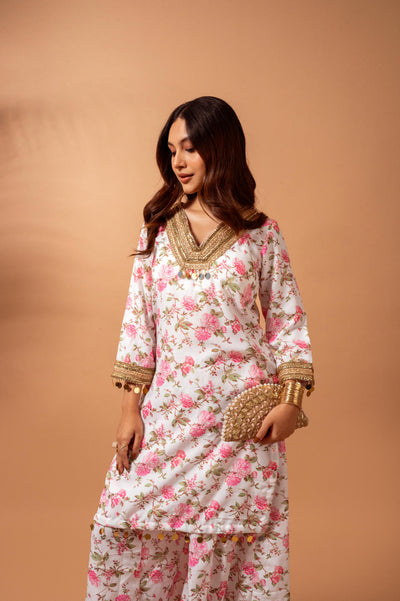 Linen digital print white kali sharara set