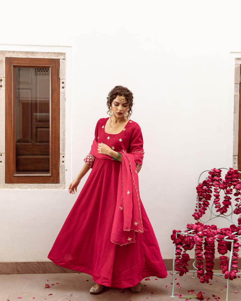Zeya Gulabi - Velvet Embroidered Suit Set by Maison Shefali in red color for women Worldwide