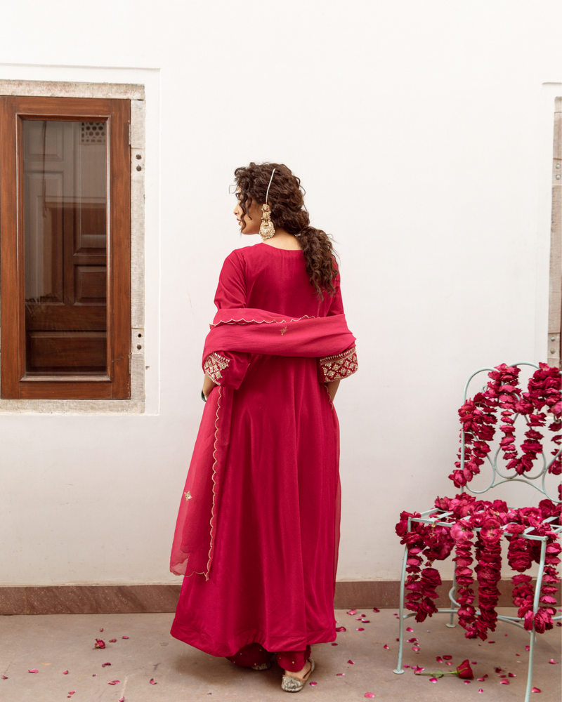 Zeya Gulabi - Velvet Embroidered Suit Set by Maison Shefali in red color for women Worldwide