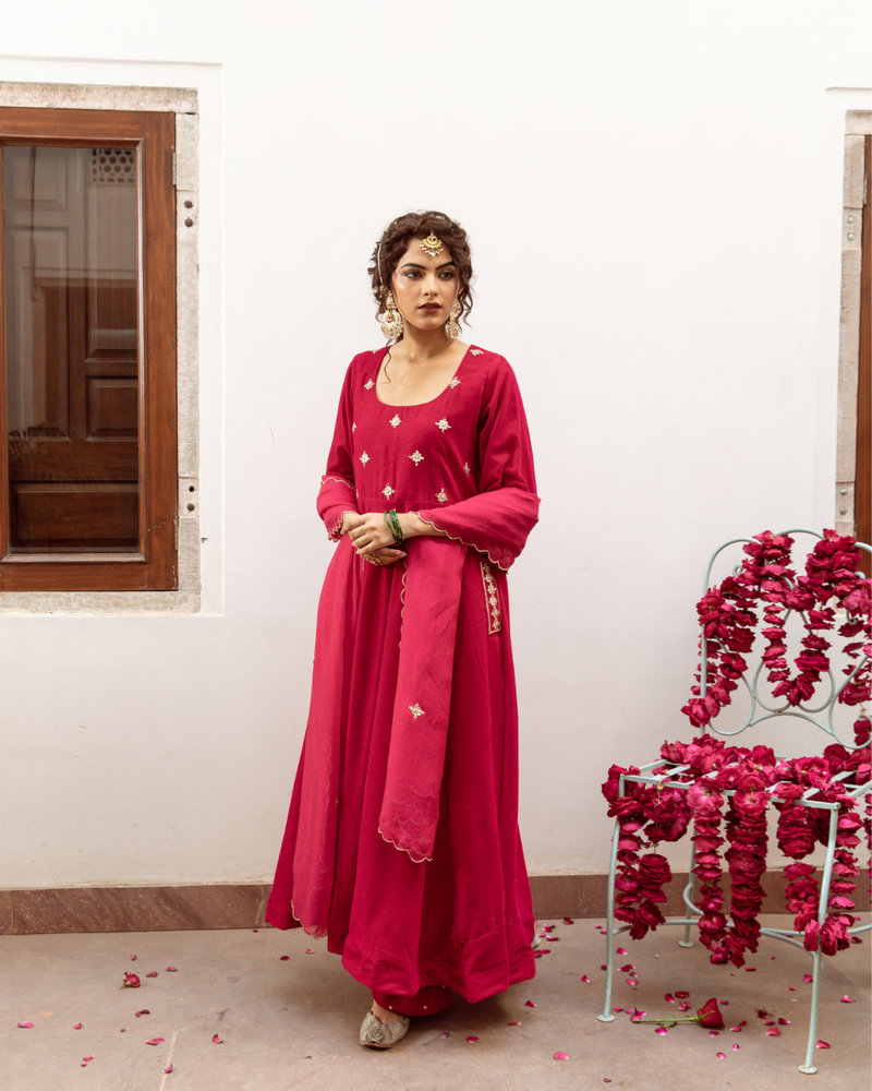 Zeya Gulabi - Velvet Embroidered Suit Set by Maison Shefali in red color for women Worldwide