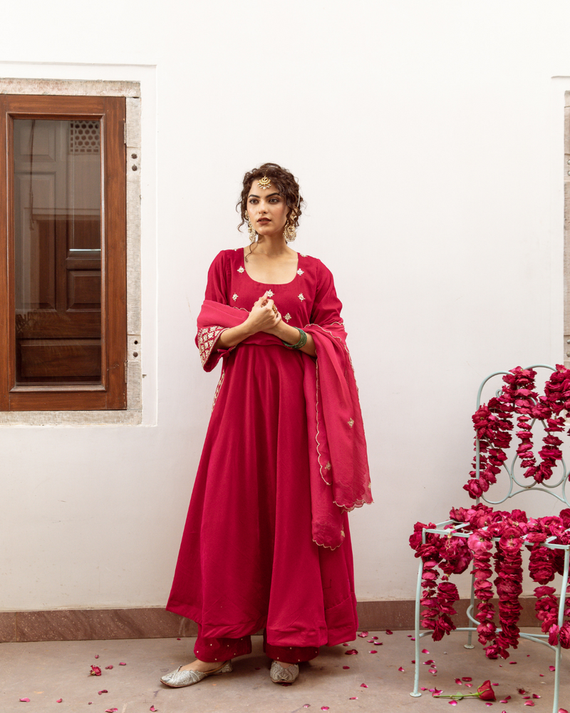 Zeya Gulabi - Velvet Embroidered Suit Set by Maison Shefali in red color for women Worldwide