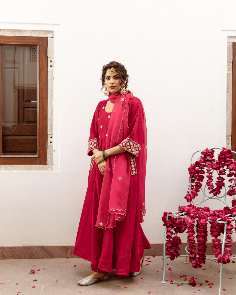 Zeya Gulabi - Velvet Embroidered Suit Set by Maison Shefali in red color for women Worldwide