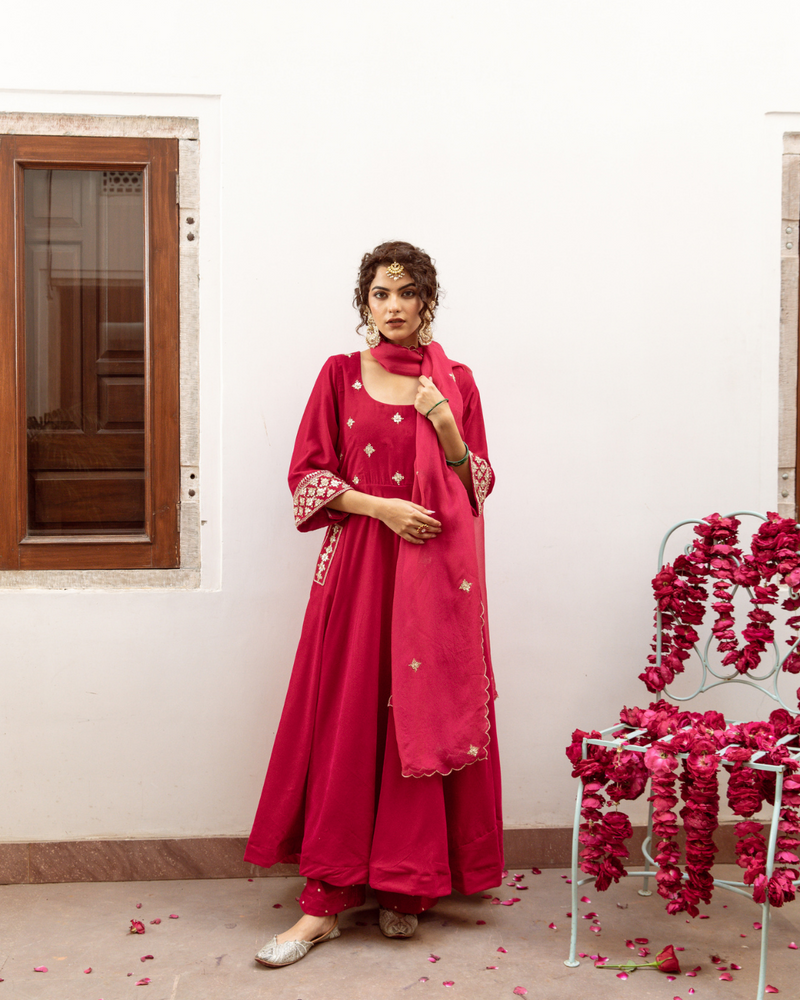 Zeya Gulabi - Velvet Embroidered Suit Set by Maison Shefali in red color for women Worldwide
