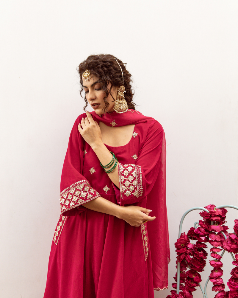 Zeya Gulabi - Velvet Embroidered Suit Set by Maison Shefali in red color for women Worldwide