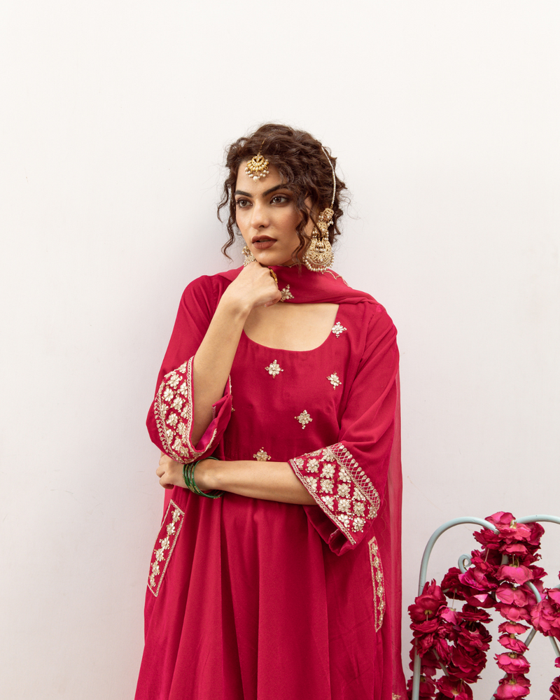 Zeya Gulabi - Velvet Embroidered Suit Set by Maison Shefali in red color for women Worldwide