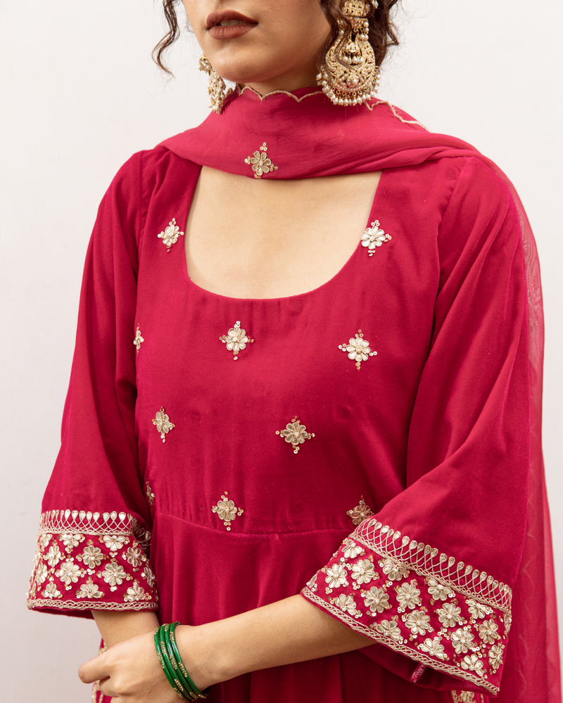 Zeya Gulabi - Velvet Embroidered Suit Set by Maison Shefali in red color for women Worldwide
