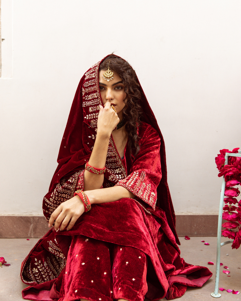 Zeya Gulaab - Velvet Embroidered Suit Set by Maison Shefali for women Worldwide