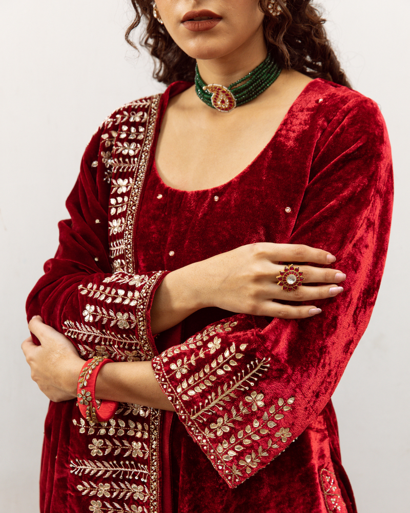 Zeya Gulaab - Velvet Embroidered Suit Set by Maison Shefali for women Worldwide