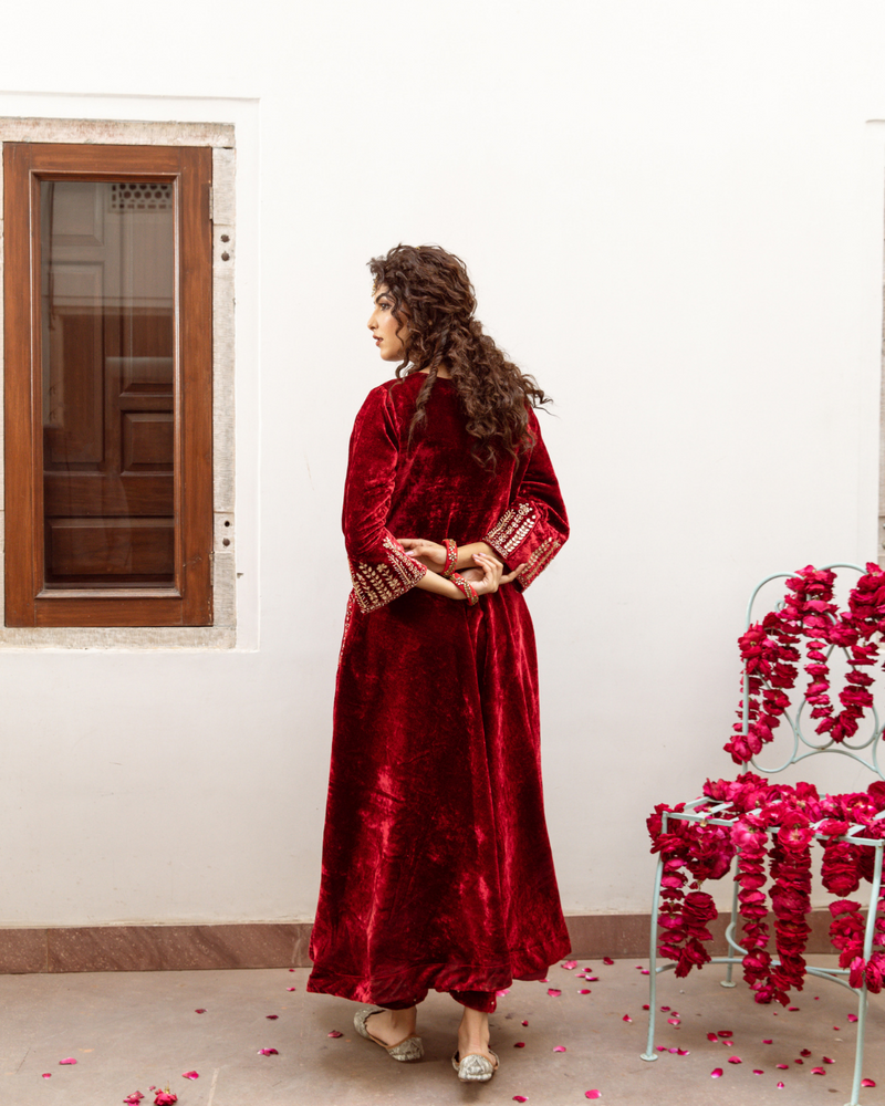 Zeya Gulaab - Velvet Embroidered Suit Set by Maison Shefali for women Worldwide
