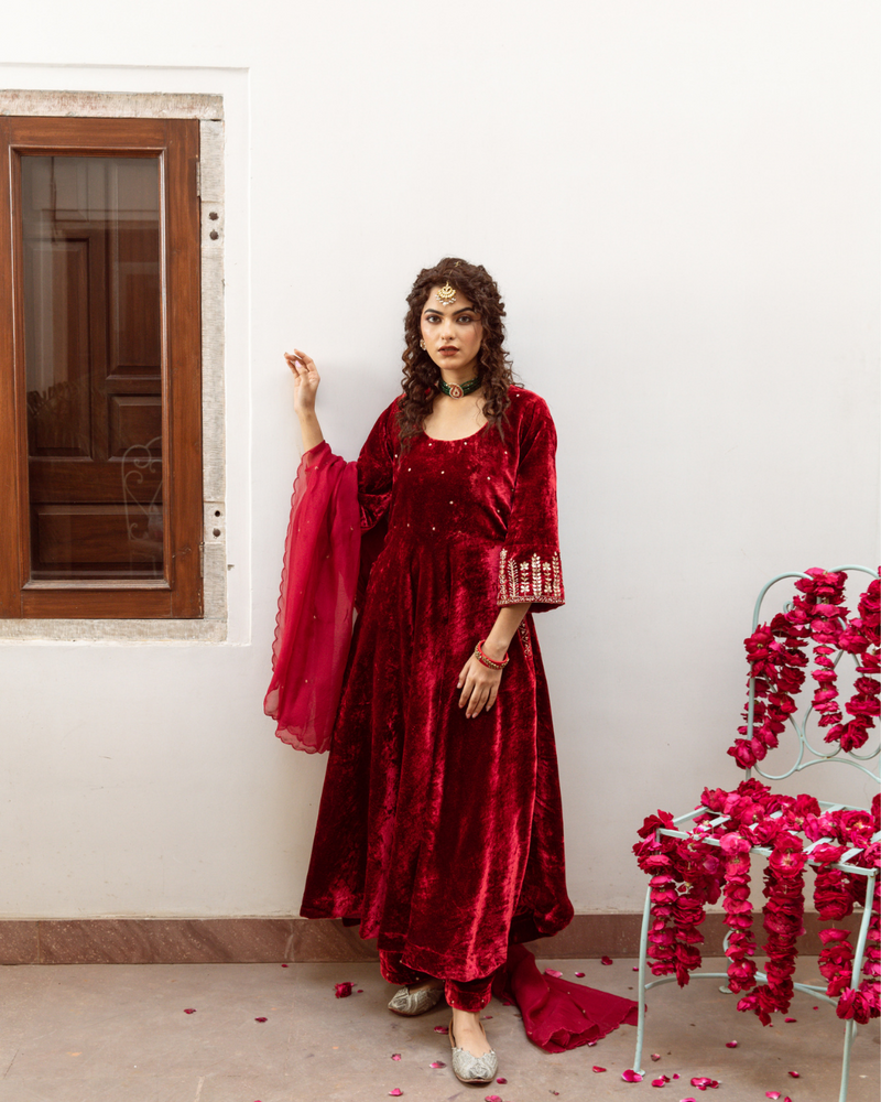 Zeya Gulaab - Velvet Embroidered Suit Set by Maison Shefali for women Worldwide