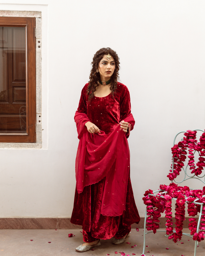 Zeya Gulaab - Velvet Embroidered Suit Set by Maison Shefali for women Worldwide