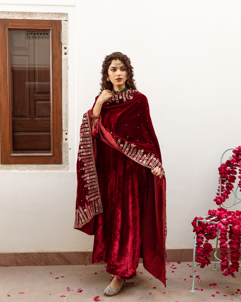 Zeya Gulaab - Velvet Embroidered Suit Set by Maison Shefali for women Worldwide