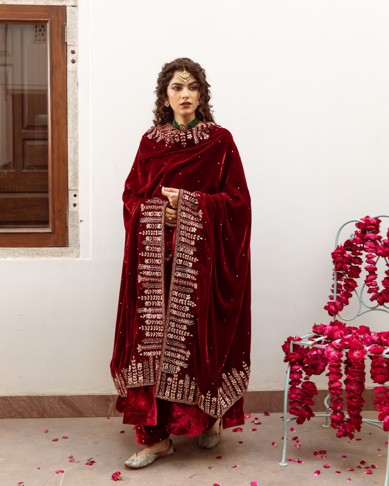 Zeya Gulaab - Velvet Embroidered Suit Set by Maison Shefali for women Worldwide