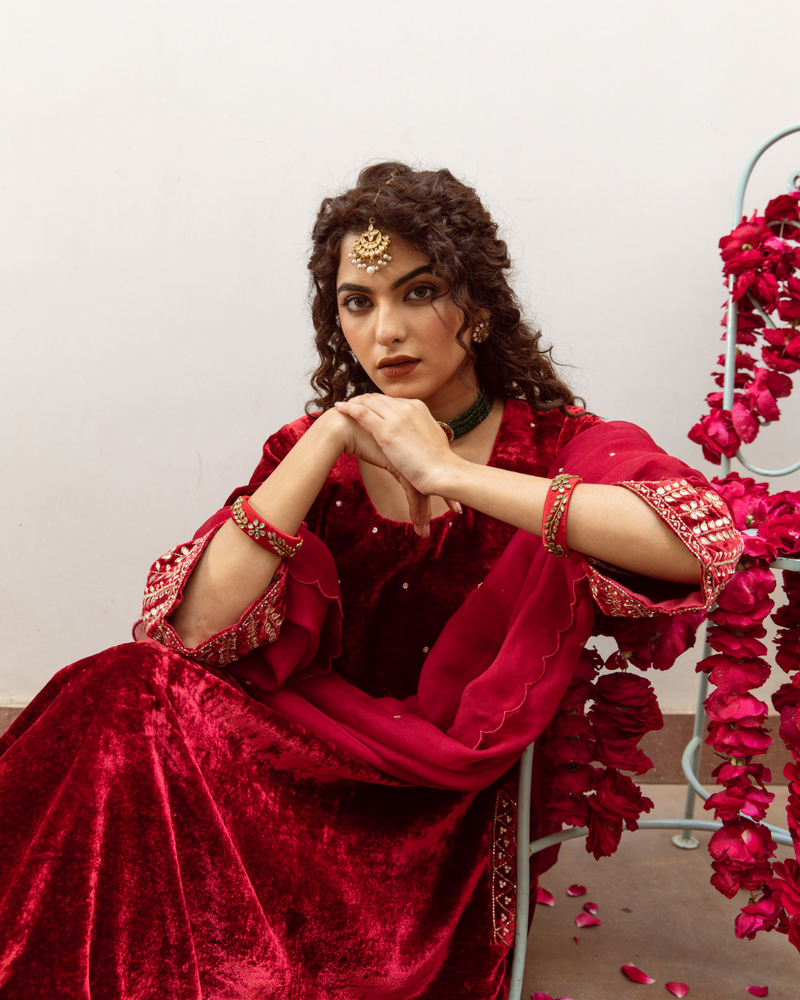 Zeya Gulaab - Velvet Embroidered Suit Set by Maison Shefali for women Worldwide