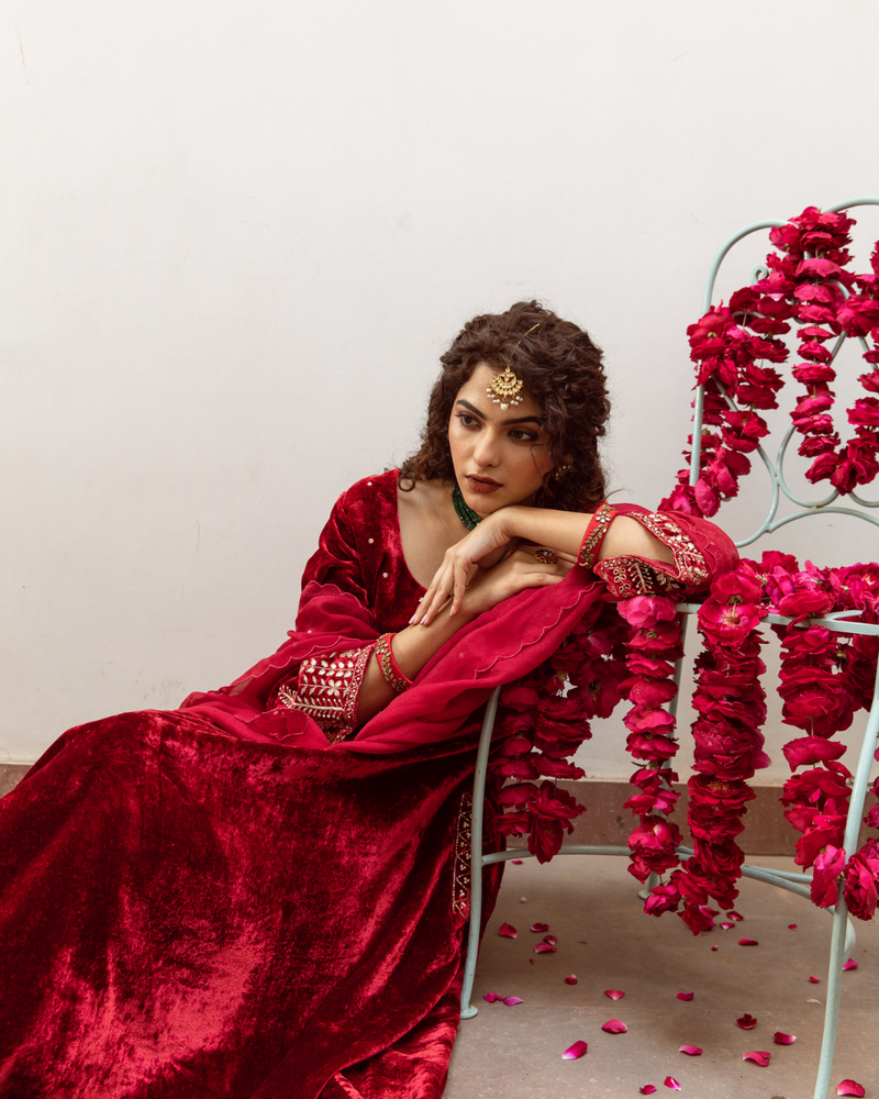 Zeya Gulaab - Velvet Embroidered Suit Set by Maison Shefali for women Worldwide