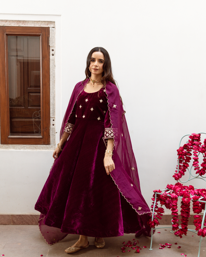Zeya - Velvet Embroidered Suit Set by Maison Shefali in purple color for women Worldwide