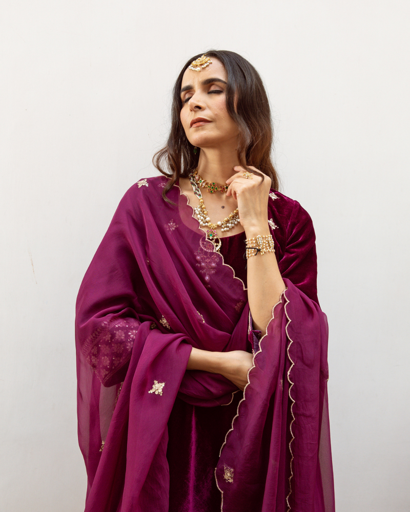 Zeya - Velvet Embroidered Suit Set by Maison Shefali in purple color for women Worldwide