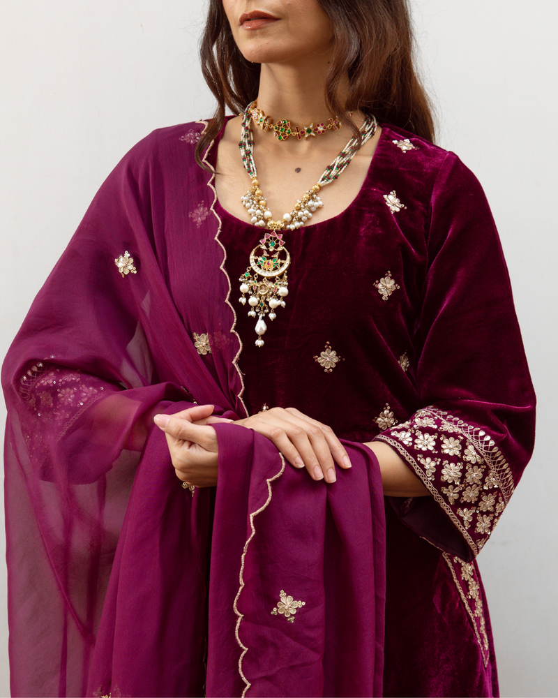 Zeya - Velvet Embroidered Suit Set by Maison Shefali in purple color for women Worldwide