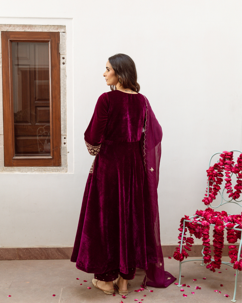 Zeya - Velvet Embroidered Suit Set by Maison Shefali in purple color for women Worldwide
