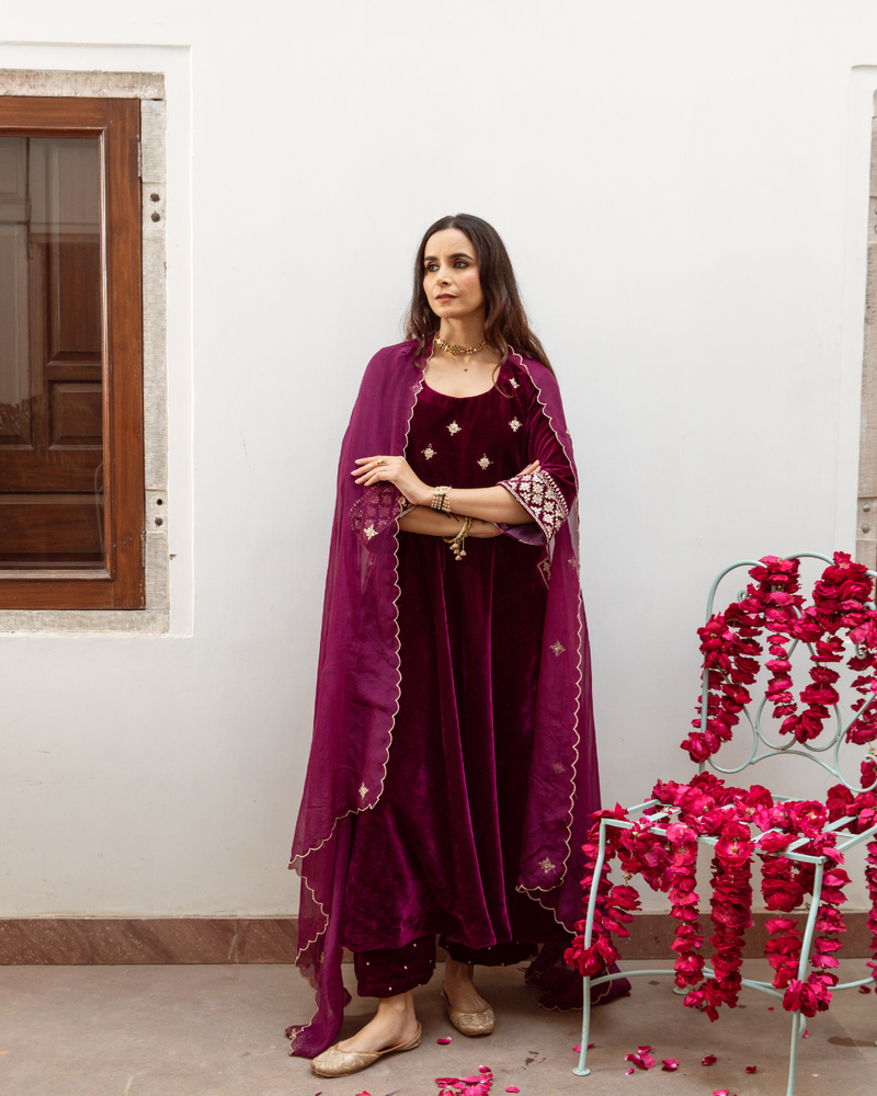 Zeya - Velvet Embroidered Suit Set by Maison Shefali in purple color for women Worldwide